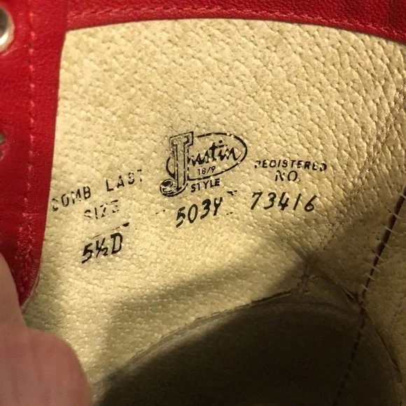 Vintage JUSTIN Boots RED Roper Size 5.5 D Style 503Y Registered NO. 73416 - Picture 8 of 16